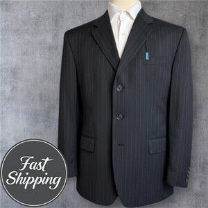 CHAPS Men's 46R Black Wool Striped Blazer Sport Coat Three-Button Jacket Suit